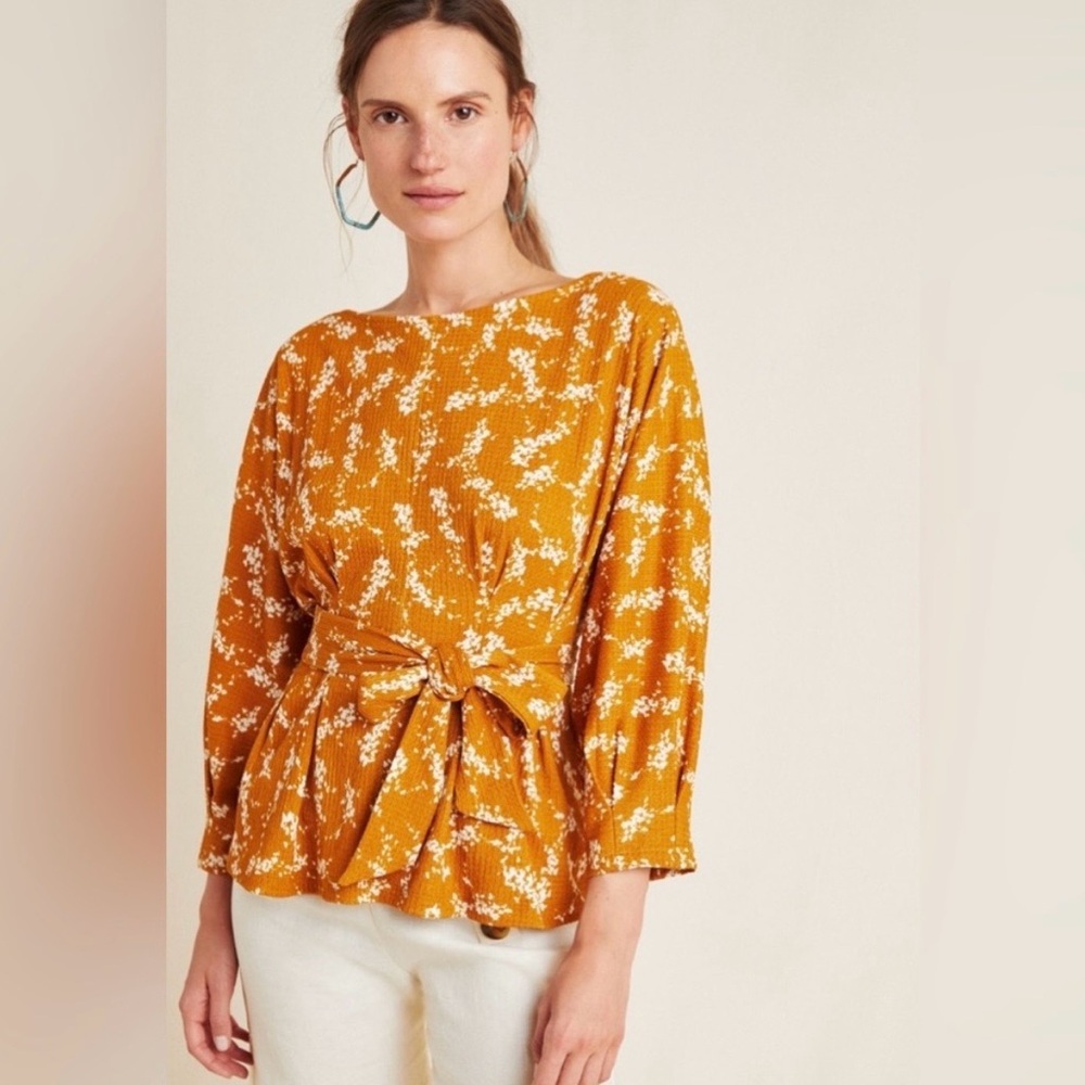 Anthropologie Boho Amber Floral Fields of Gold Dolman Sleeve Belted Blouse